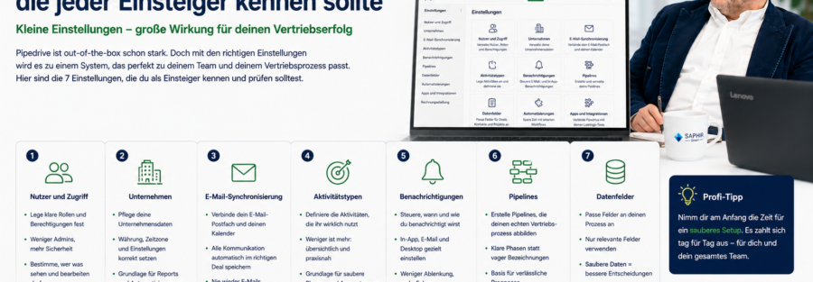 Keine dieser sieben Einstellungen ist für sich genommen aufwendig. Zusammen bilden sie aber das Fundament für sauberes Reporting, klare Verantwortlichkeiten und ein System, dem das Team vertraut. Nimm dir für diese Checkliste einmalig eine Stunde Zeit – der Effekt zeigt sich spätestens beim ersten Quartalsreport. Damit ist die Serie “Erste Schritte mit Pipedrive” komplett: vom Grundsetup über die passende Pipeline bis zu den entscheidenden Detaileinstellungen. In der nächsten Themenwoche geht es um ein Thema, das direkt daran anschließt: den Unterschied zwischen Leads und Deals – und wie du beide sauber in deinem Prozess einsetzt.