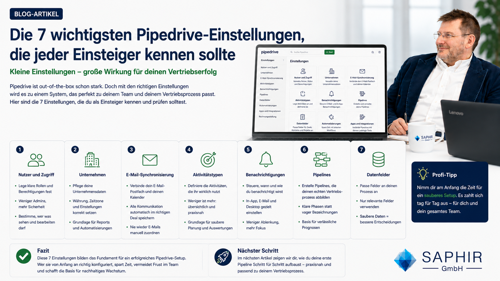 Keine dieser sieben Einstellungen ist für sich genommen aufwendig. Zusammen bilden sie aber das Fundament für sauberes Reporting, klare Verantwortlichkeiten und ein System, dem das Team vertraut. Nimm dir für diese Checkliste einmalig eine Stunde Zeit – der Effekt zeigt sich spätestens beim ersten Quartalsreport. Damit ist die Serie “Erste Schritte mit Pipedrive” komplett: vom Grundsetup über die passende Pipeline bis zu den entscheidenden Detaileinstellungen. In der nächsten Themenwoche geht es um ein Thema, das direkt daran anschließt: den Unterschied zwischen Leads und Deals – und wie du beide sauber in deinem Prozess einsetzt.