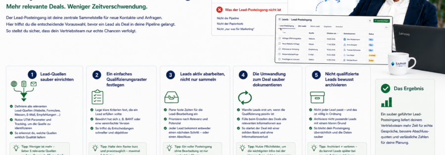 Der Lead-Posteingang ist kein Nebenschauplatz, sondern der Filter, der über die Qualität der gesamten Pipeline entscheidet. Mit einer klaren Herkunftsdokumentation, einem einfachen Qualifizierungsraster und einer festen Bearbeitungsroutine wird aus einem chaotischen Sammelbecken ein verlässlicher erster Schritt im Vertriebsprozess. Nächster Schritt: Im dritten Artikel dieser Woche verbinden wir beide Themen und zeigen den kompletten Workflow vom ersten Lead bis zum gewonnenen Deal – inklusive konkreter Automatisierungs-Tipps.