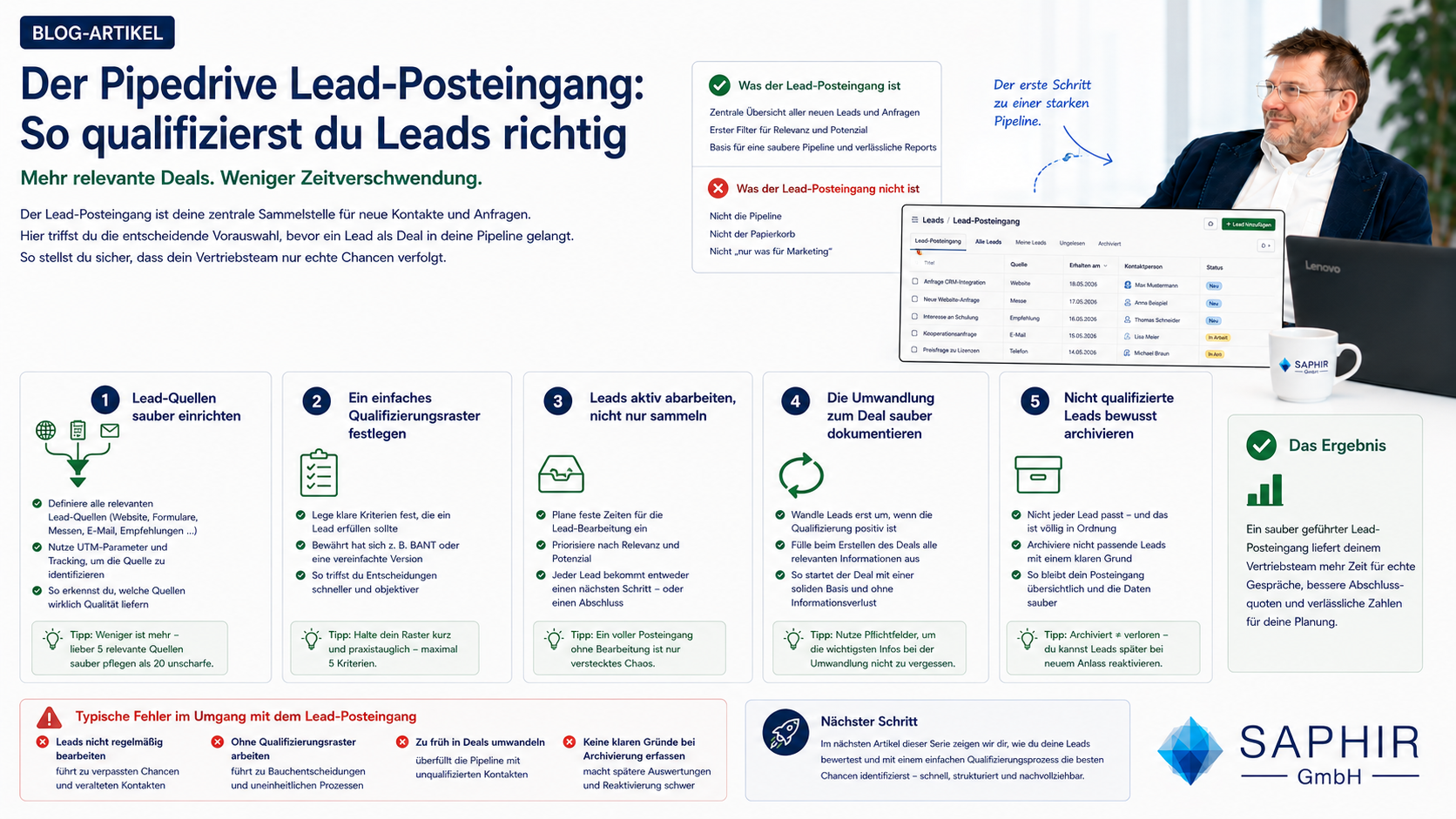 Der Lead-Posteingang ist kein Nebenschauplatz, sondern der Filter, der über die Qualität der gesamten Pipeline entscheidet. Mit einer klaren Herkunftsdokumentation, einem einfachen Qualifizierungsraster und einer festen Bearbeitungsroutine wird aus einem chaotischen Sammelbecken ein verlässlicher erster Schritt im Vertriebsprozess. Nächster Schritt: Im dritten Artikel dieser Woche verbinden wir beide Themen und zeigen den kompletten Workflow vom ersten Lead bis zum gewonnenen Deal – inklusive konkreter Automatisierungs-Tipps.